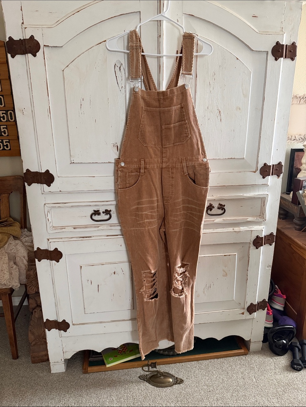 BiBi Distressed Corduroy Overalls - Tan Brown size medium